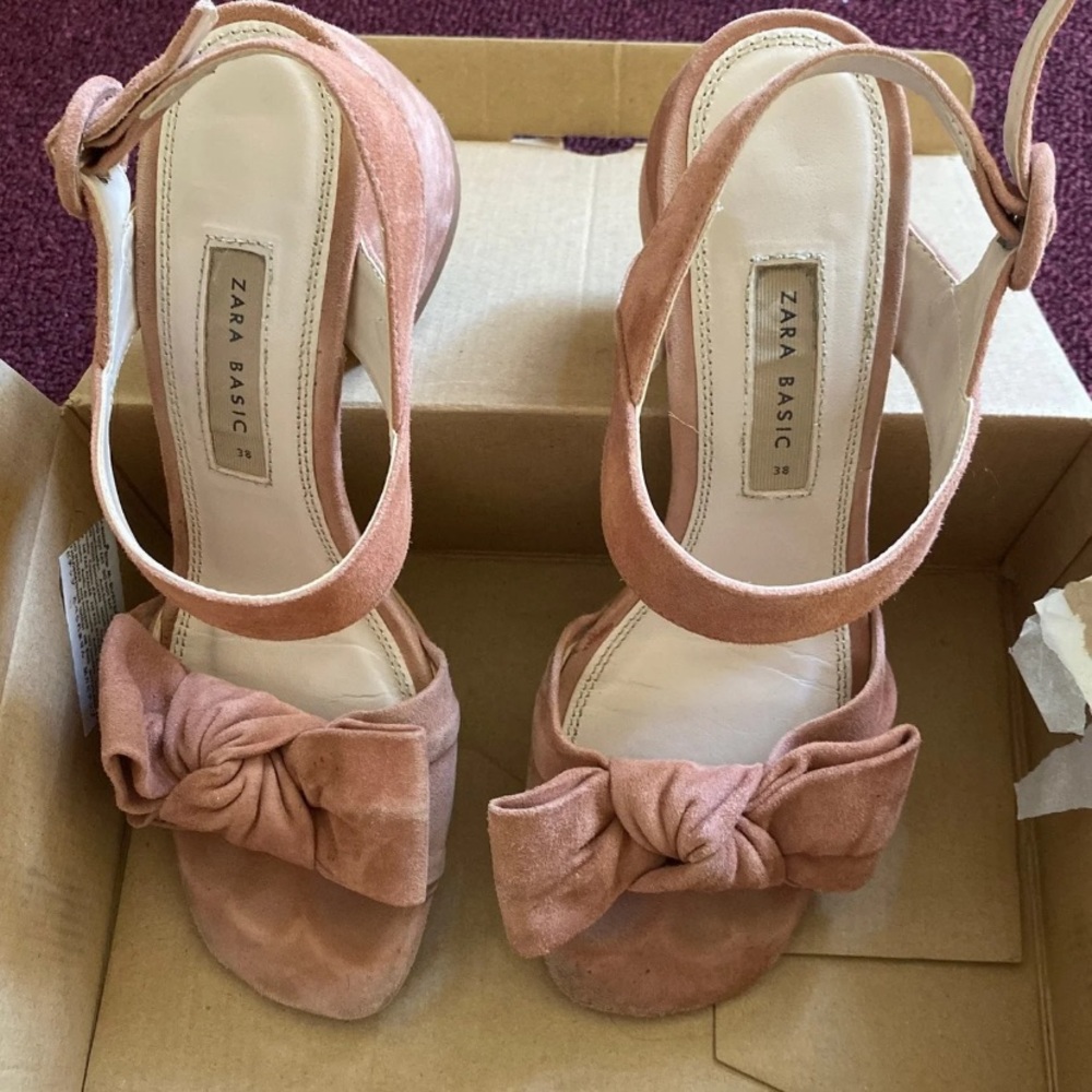 Zara Tan Suede Knot Front Block Heel Sandals - Picture 2 of 6